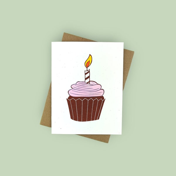 Handprinted linocut cupcake birthday card - 100% recycled paper and sustainable ink