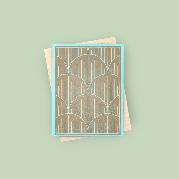 Handprinted linocut bronze art deco fan card - 100% recycled paper and sustainable ink