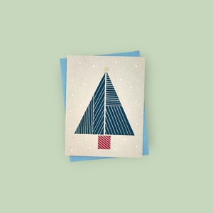 Handprinted linocut Christmas tree card - 100% recycled paper and sustainable ink