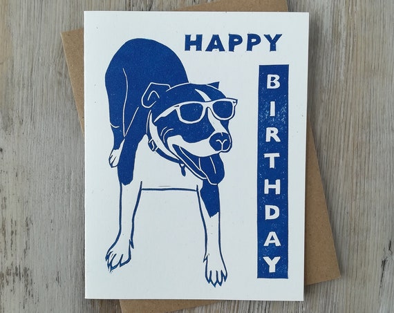 Handprinted linocut cool dog card