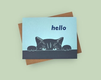 Handprinted linocut cat hello cards - set of 6