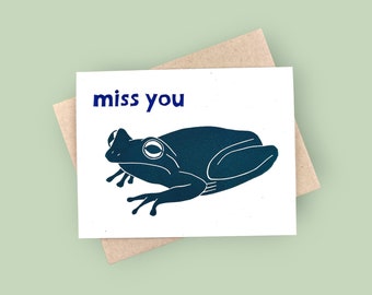 Handprinted linocut miss you frog card - 100% recycled paper and sustainable ink