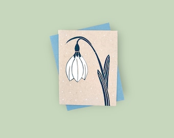 Handgedrukte linoleumsnede met sneeuwklokjesmotief - 100% gerecycled papier en duurzame inkt.