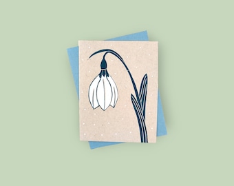 Handprinted linocut snowdrop card - 100% recycled paper and sustainable ink