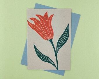 Handprinted tulip linocut card