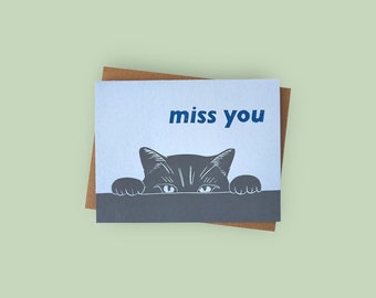 Handprinted miss you cat linocut card