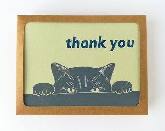 Boxed set of 6 - Cat thank you linocut card