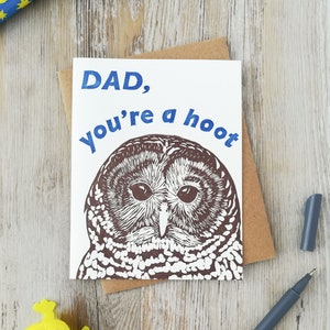 Handprinted linocut owl card for dad 100% recycled paper and sustainable ink image 2