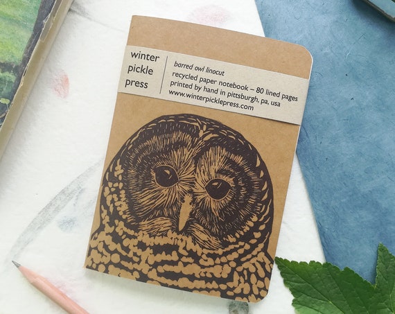 Handprinted barred owl notebook