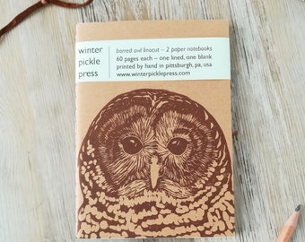 Handprinted linocut owl notebooks - set of 2