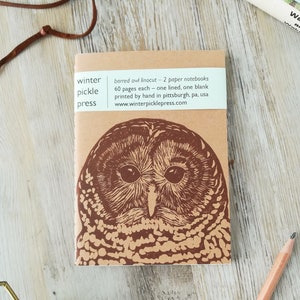 Handprinted linocut owl notebooks - set of 2
