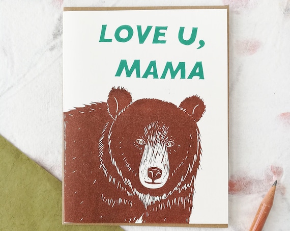 Handprinted love u mama bear linocut card