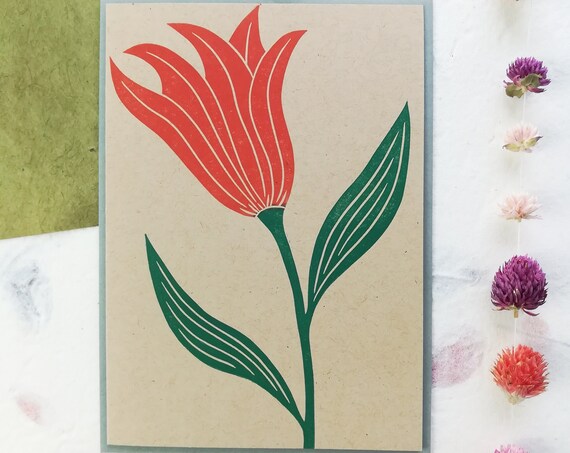 Handprinted tulip linocut card