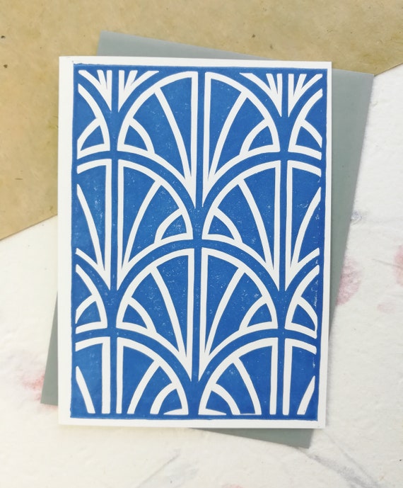 SALE: Handprinted linocut art deco fan card