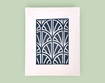 Handprinted linocut art deco fan pattern