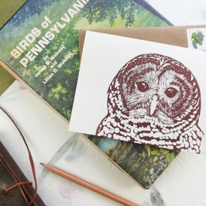 Handprinted linocut barred owl card 100% recycled paper and sustainable ink image 3