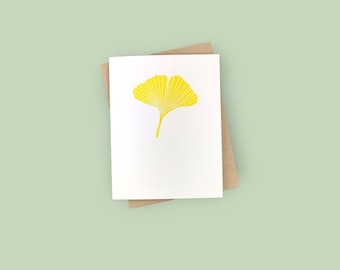 Handprinted linocut ginkgo leaf card - 100% recycled paper and sustainable ink