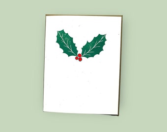 Handprinted linocut holly card - 100% recycled paper and sustainable ink