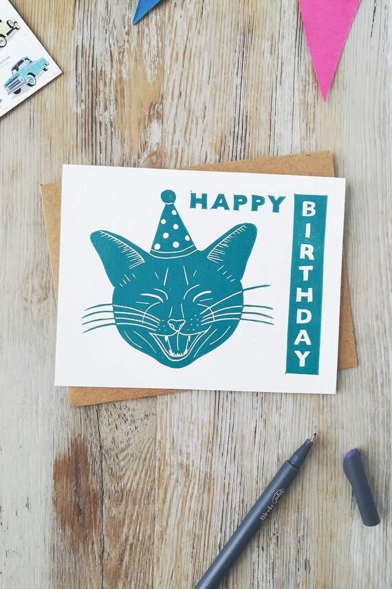 Handprinted linocut happy cat birthday card