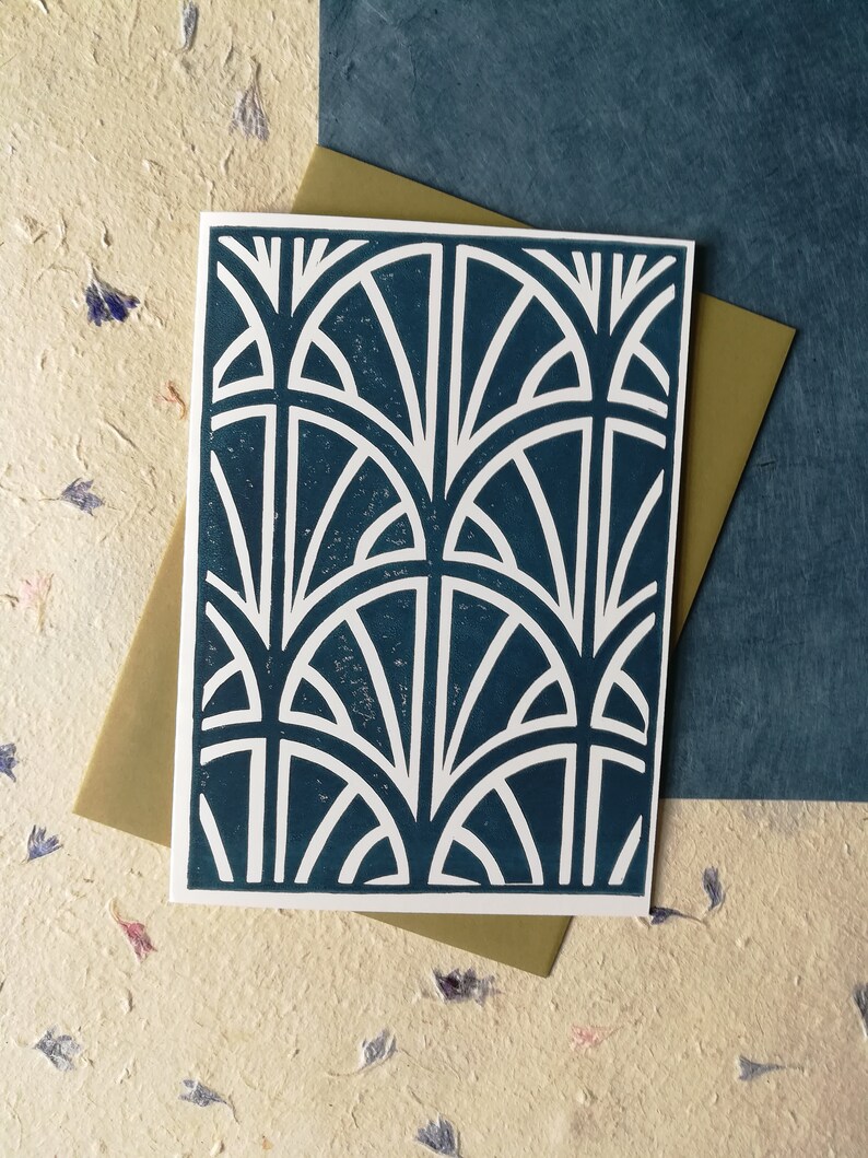 Art deco fan linocut linoleum print cards art deco pattern | Etsy