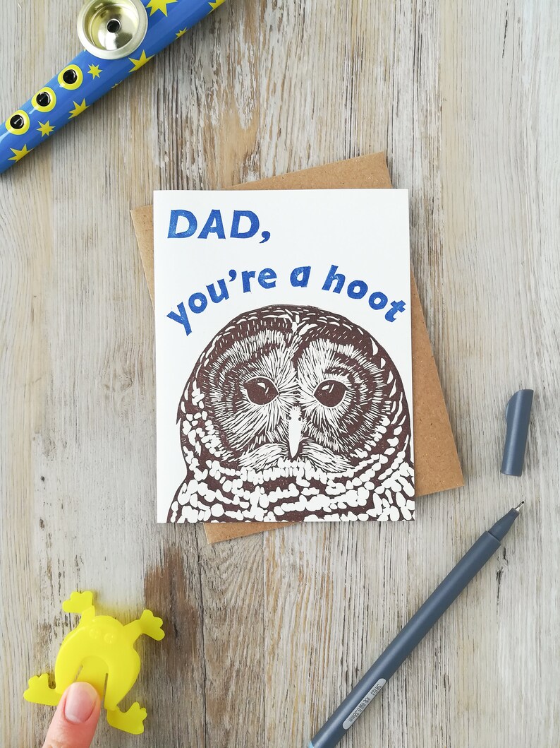 Handprinted linocut owl card for dad 100% recycled paper and sustainable ink image 4