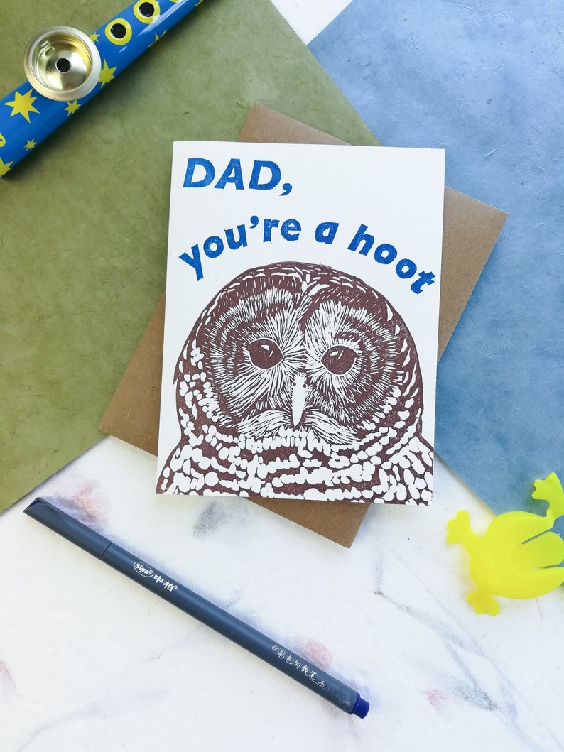 Handprinted linocut owl card for dad 100% recycled paper and sustainable ink image 3