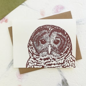 Handprinted linocut barred owl card 100% recycled paper and sustainable ink image 4