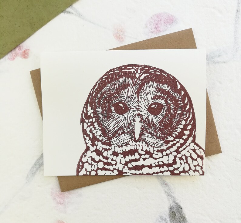 Handprinted linocut barred owl card 100% recycled paper and sustainable ink image 4