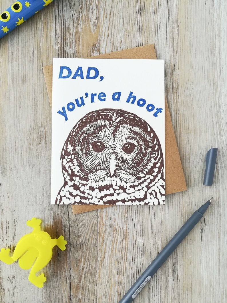 Handprinted linocut owl card for dad 100% recycled paper and sustainable ink image 2