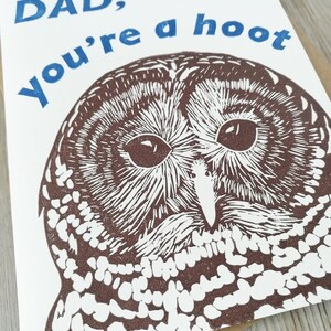 Handprinted linocut owl card for dad 100% recycled paper and sustainable ink image 5
