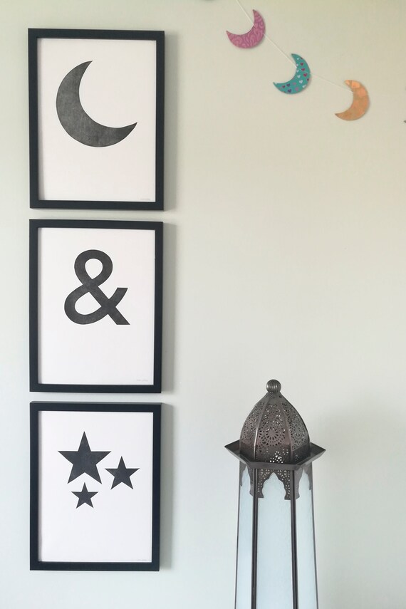 Moon & Stars set of 3 - original linocut prints - 9" x 12" each