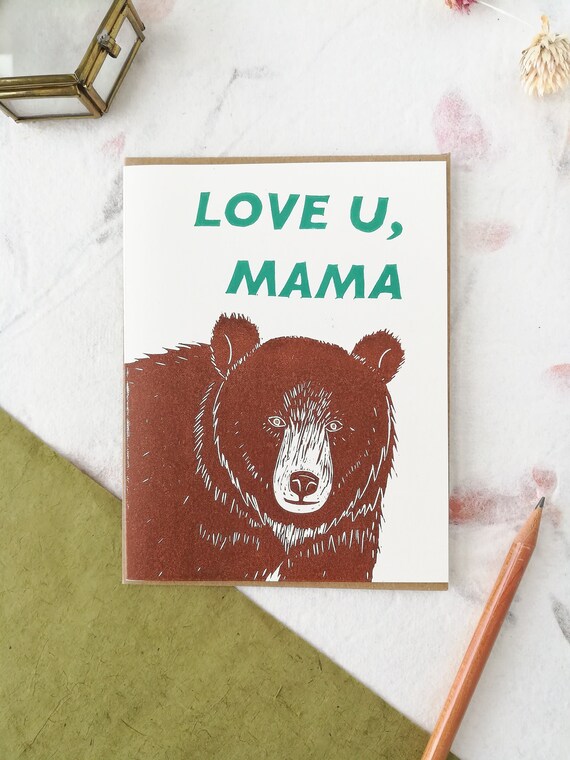 Handprinted love u mama bear linocut card