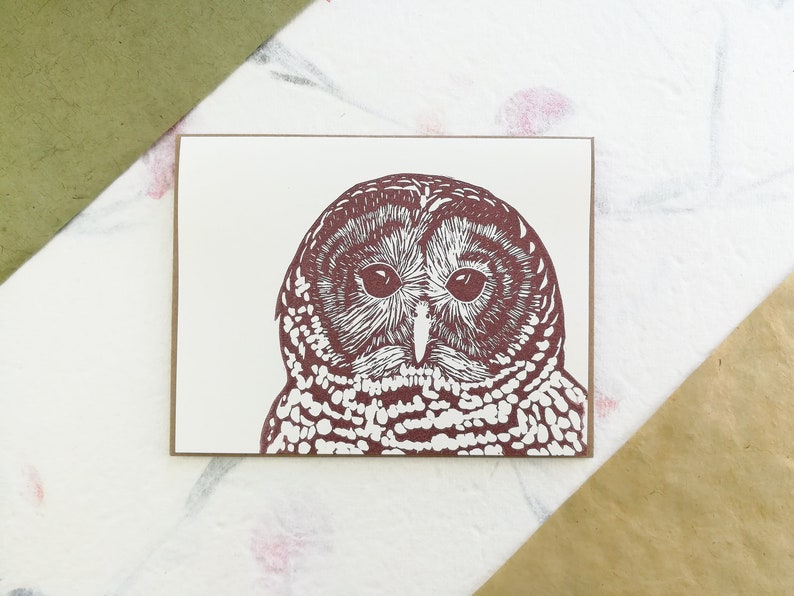 Handprinted linocut barred owl card 100% recycled paper and sustainable ink image 2