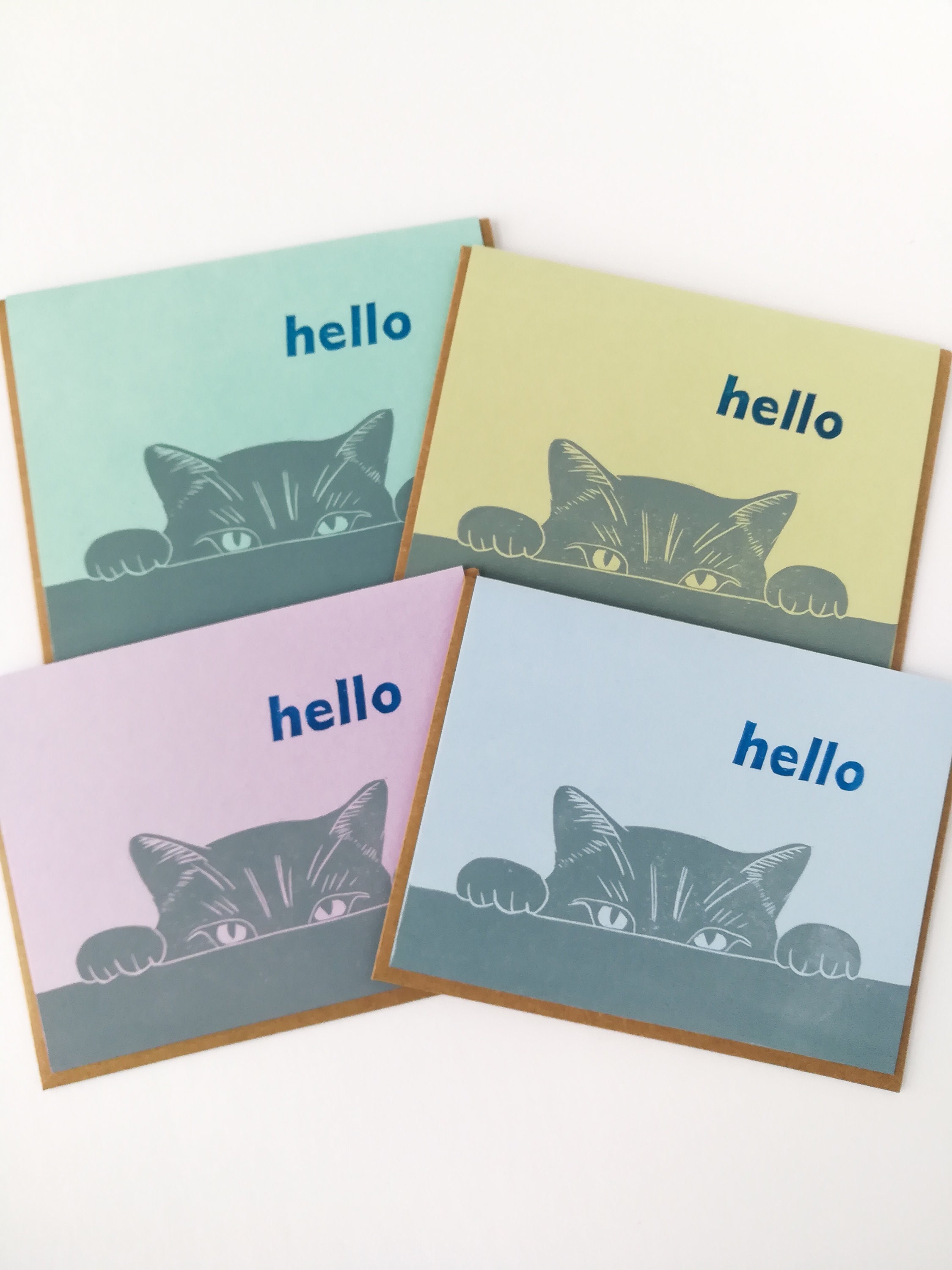 Handprinted Linocut Cat Hello Cards - Set of 6 - Etsy