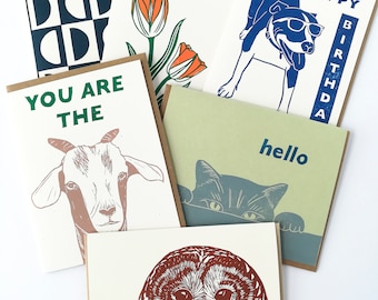 MIX & MATCH set van 6 handgedrukte linosnedekaarten - 100% gerecycled papier en duurzame inkt