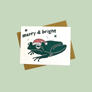 Handprinted linocut merry and bright Christmas frog card - 100% recycled paper and sustainable ink