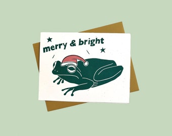 Handprinted linocut merry and bright Christmas frog card - 100% recycled paper and sustainable ink