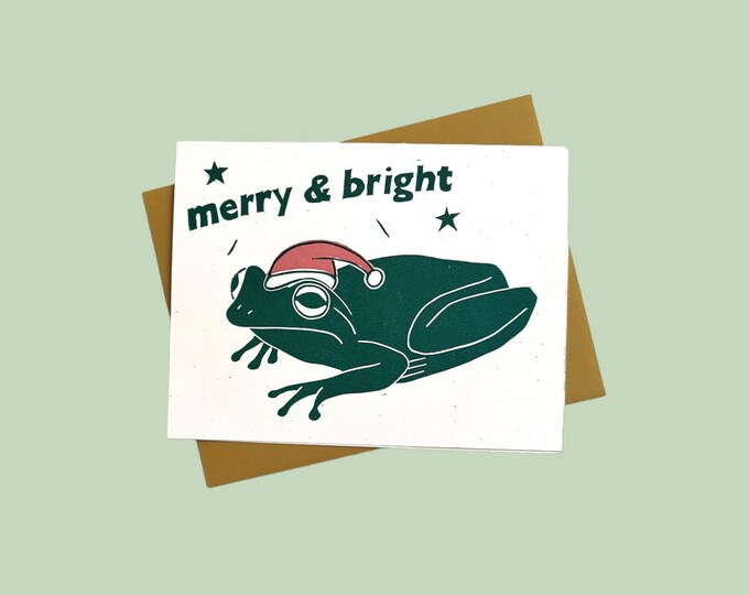 Featured listing image: Handprinted linocut Christmas frog card