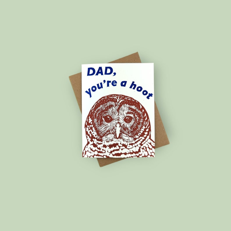 Handprinted linocut owl card for dad 100% recycled paper and sustainable ink image 1