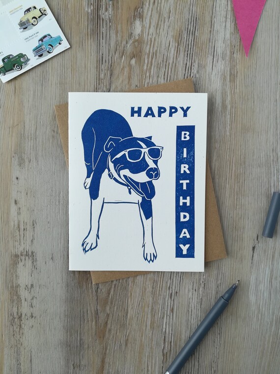 Handprinted linocut cool dog card