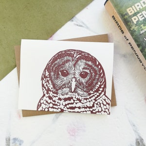 Handprinted linocut barred owl card 100% recycled paper and sustainable ink image 6