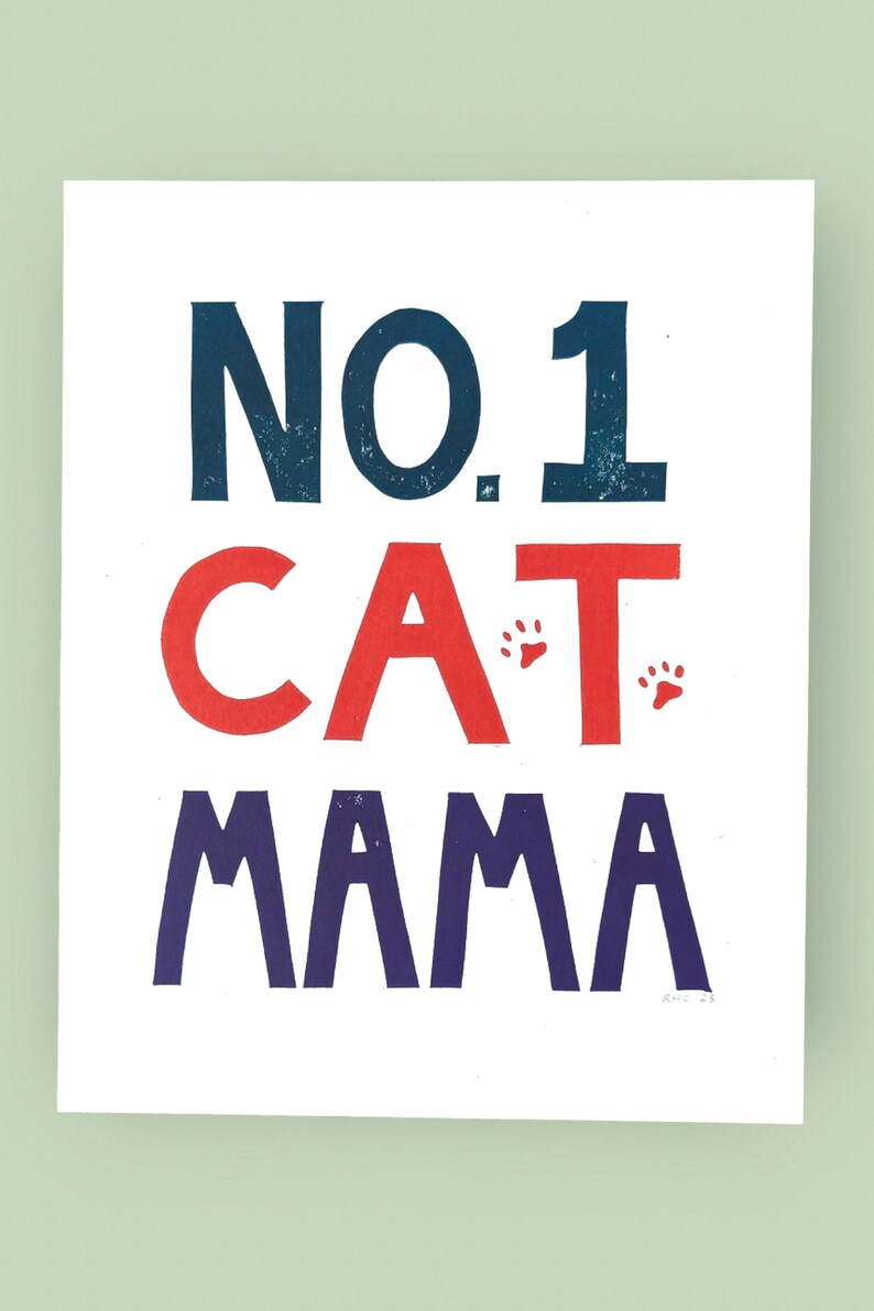 No. 1 Cat Mama hand-printed original linocut 8 x 10 image 2