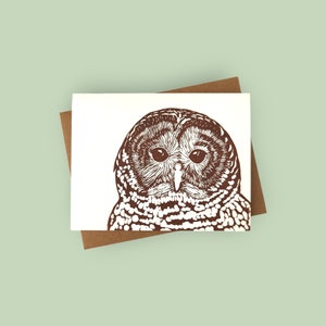 Handprinted linocut barred owl card - 100% recycled paper and sustainable ink