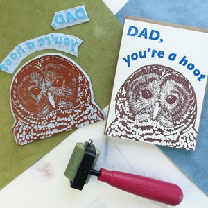 Handprinted linocut owl card for dad 100% recycled paper and sustainable ink image 6