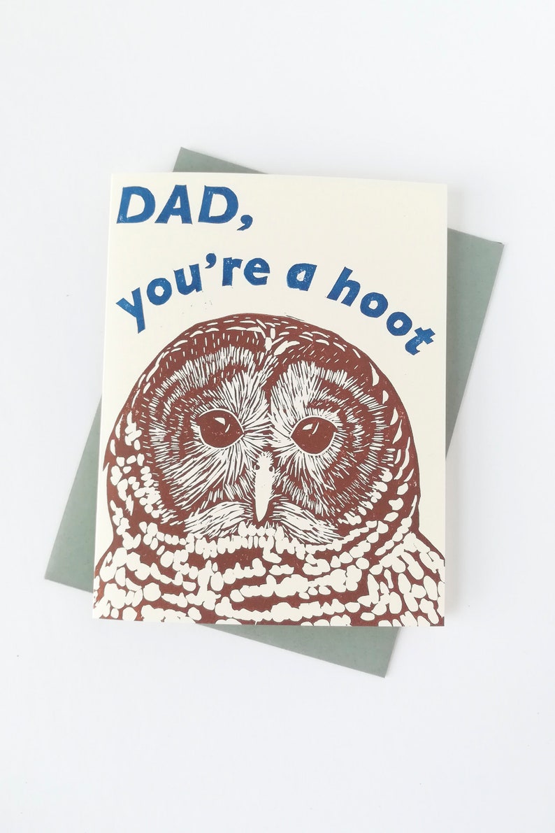 Handprinted linocut owl card for dad 100% recycled paper and sustainable ink image 7