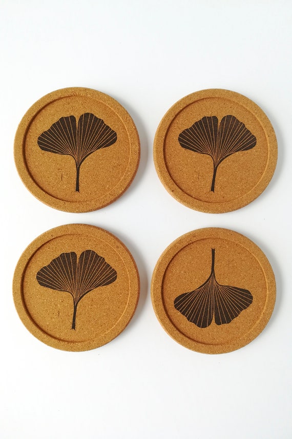 Set of 4 ginkgo leaf cork coasters