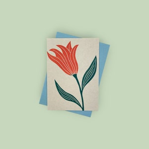 Handgedrukte linosnede tulpenkaart - 100% gerecycled papier en duurzame inkt