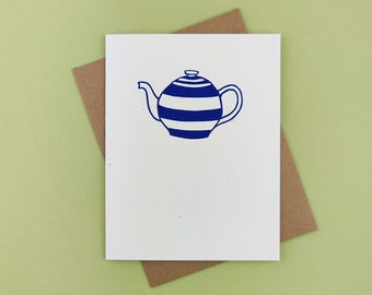 Handprinted linocut teapot card