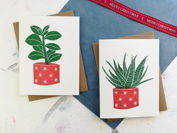 SALE: Handprinted succulent with red pot linocut card