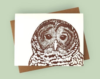 Handprinted linocut barred owl card - 100% recycled paper and sustainable ink